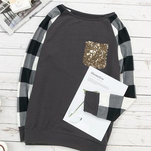 Contrast Plaid Sleeve Sequined Pocket Top